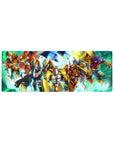 32x12 inches anime mouse pad with a squad of armored mecha, blades drawn, wings flared on neon grid.