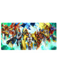 32x16 inches anime mouse pad with armored mecha squad, blades drawn, wings flared on neon data-grid.