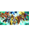 Anime desk pad 36x16 inches with armored mecha squad, wings flared, blades drawn on neon data-grid.