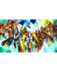 40x20 inches anime desk pad with armored mecha squad, blades and wings, on neon data-grid backdrop.