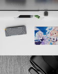 Pastel blue and purple anime mouse pad 14x10 inches with fluffy clouds, cozy vibe, clean white tones.