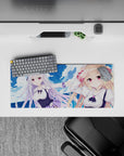 Ocean blue and cloud theme anime girl mouse pad 28x12 inches in soft purples, clean whites, cozy vibe.
