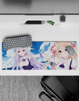 32x12 inches anime desk mouse pad in dreamy ocean blues, soft purples, clean whites, cozy cute vibe.
