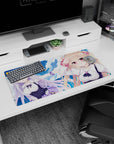 32x16 inches mouse pad showing blonde girl with bunny clip and silver-haired girl mid-adventure by the sea.