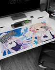 40x20 inches anime girl desk pad with blonde bunny-clip girl and silver-haired girl mid-adventure in clouds.