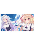 32x16 inches anime girl mouse pad with two original girls, ocean-sky background, ribbons, and plaid details.
