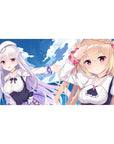40x20 inches anime girl desk pad with ocean sky, clouds, ribbons, plaid accents, and two original girls.