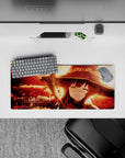 Megumin anime mouse pad, 28x12 inches, showcasing her in sunset firelight with subtle sparkle and bold reds.