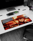 Megumin anime mouse pad, 32x16 inches, showing her in sunset glow with golden tones and reds, capturing post-explosion calm.