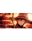 Desk pad 36x16 inches featuring Megumin from anime, bathed in sunset glow with reds and shadows, post-explosion calm.