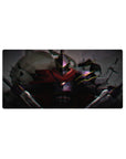32x16 inches anime mouse pad with black steel knight, crimson scarf, and stealth fighter in smoky neon art.