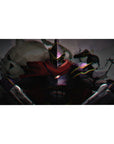40x20 inches anime desk pad with black steel knight and crimson scarf, neon-edged battle art.