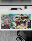 Teal, coral, and honey-shadow anime mouse pad 32x16 inches for a calm late-afternoon vibe.