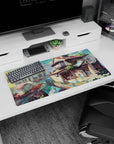 Two girls in blue dresses overlooking glowing shop windows anime mouse pad 32x16 inches.