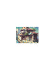 Classic anime mouse pad 14x10 inches with hillside rooftops, glowing shops, and two girls by a railing.