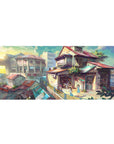 Anime desk pad 36x16 inches with hillside city rooftops, glowing shop windows, and crisp painted lines.