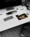 Sleek starship scene 14x10 inches mouse pad flying through a dreamy ringed-planet sky.