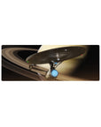 Sci-fi ringed planet sky mouse pad, 32x12 inches, with sleek starship and swirling beige bands.