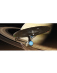 Ringed planet sky starship desk pad, 36x16 inches, with swirling bands and cozy deep space backdrop.
