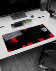 Modern 32x16 inches mouse pad with bold black tones, crimson accents, and geometric patterns, with a mysterious insignia for a statement of authority.