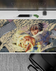 40x20 inches anime desk pad in warm sunset haze, soft bokeh glow, white feathers, golden highlights.