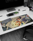 36x16 inches anime desk pad showing an angelic warrior reaching forward, wings filling the frame, golden aura.