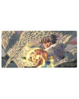 32x16 inches anime mouse pad with silver-haired angel fighter, white wings, gold energy, heroic uniform.
