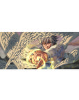 36x16 inches anime desk pad with silver-haired angel fighter, white wings, crisp uniform, golden energy.
