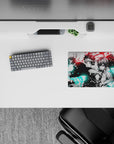 Bold red and icy cyan anime mouse pad 14x10 inches, high-contrast, intense yet calming desk vibe.
