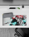 28x12 inches anime mouse pad in red and icy cyan ink splashes, high-contrast, intense yet calming mood.