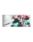 28x12 inches anime mouse pad with back-to-back sword fighters on white, bold street-art ink splash style.
