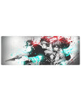 32x12 inches anime mouse pad with back-to-back sword fighters, street-art ink splashes on white.