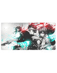 32x16 inches anime mouse pad with back-to-back sword fighters, ink-splash street-art on white.