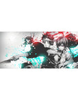 36x16 inches anime desk pad with back-to-back sword fighters, ink-splash street-art on white.