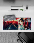 28x12 inches anime girl mouse pad in warm reds and lantern glow with cool blue stones, dreamy sparkles.