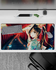 32x16 inches anime girl mouse pad in warm red lantern glow with cool blue stones and dreamy sparkles.