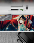 Anime girl desk pad 36x16 inches in warm red lantern glow with cool blue stones and butterfly sparkles.