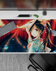 Warm red lantern glow anime girl desk pad 40x20 inches with cool blue stones and butterflies.