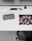 Cute idol squad on deep space backdrop with rainbow glow, smooth tracking mouse pad 14x10 inches.