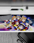 Galaxy swirl anime girl extended mouse pad with rainbow glow, deep navy uniforms, cheerful vibe, 36x16 inches.