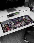 Artistic 36x16 inches mouse pad showcasing intense battles and emotions, with fiery reds and bold shading for a powerful, action-packed design.