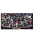 Mouse pad featuring intense battles, deep emotions, and fiery reds, 32x16 inches, with high-contrast shading for a dramatic action scene.
