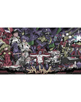 Mouse pad featuring intense battles and deep emotions, 40x20 inches, with bold shading, high-contrast palette, and fiery reds for a striking scene of power.