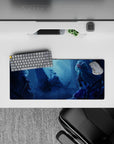 28x12 inches anime girl mouse pad in icy blues and violet, misty night mood with lace and ribbon details.