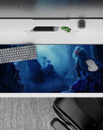 Icy blue misty anime desk pad 36x16 inches, violet skirt accents, lace and ribbons, moonlit duel mood.