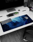 Silver-haired girl vs teal-haired rose-crowned rival on anime desk pad 36x16 inches, foggy ruins scene.
