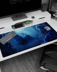 Two rival anime girls desk pad 40x20 inches: silver-haired calm stare vs teal hair with rose headpiece.