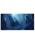 Anime girl mouse pad 32x16 inches with moonlit ruins, two rivals, wings and shadowy rider centerpiece.
