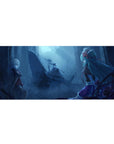 Moonlit anime girl desk pad 36x16 inches with two rivals, ruined pillars, fog, rider and wings.