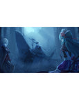 Anime girl desk pad 40x20 inches with moonlit duel, ruined pillars, fog, wings and a shadowy rider.